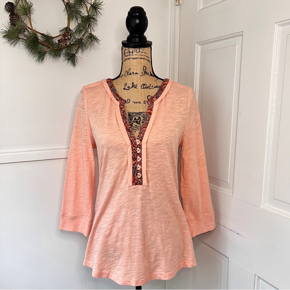 Anthropologie Little Yellow Button Elsie Coral Surplice V-Neck Henley Top